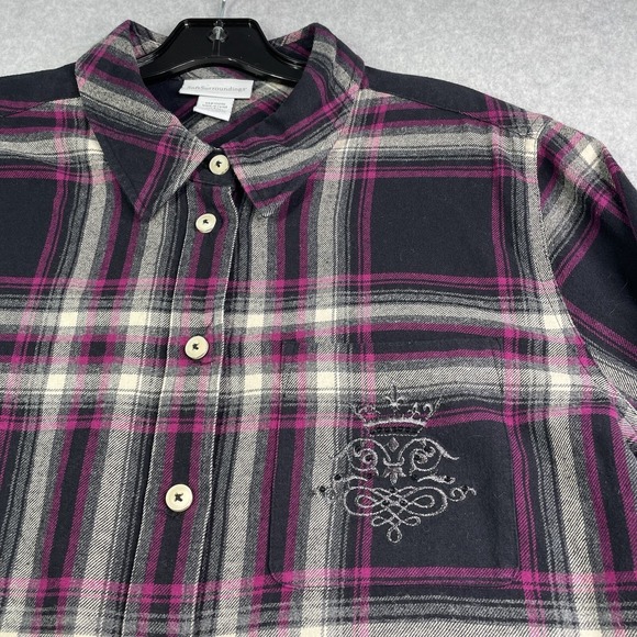 Soft Surroundings Top Women's XL Purple Plaid Long Sleeve Button Up Elbow Patch - Picture 2 of 10